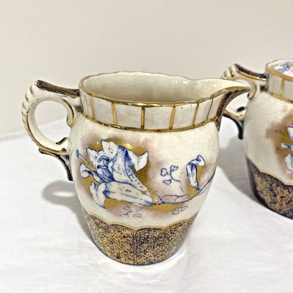 Vintage porcelain creamer & sugar bowl cobalt blue gold highlights unique floral - Picture 3 of 12